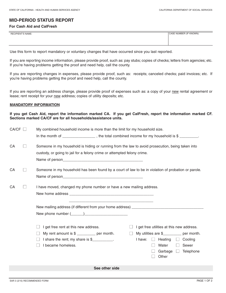 Form SAR3 Mid-period Status Report for Cash Aid and Calfresh - California, Page 1