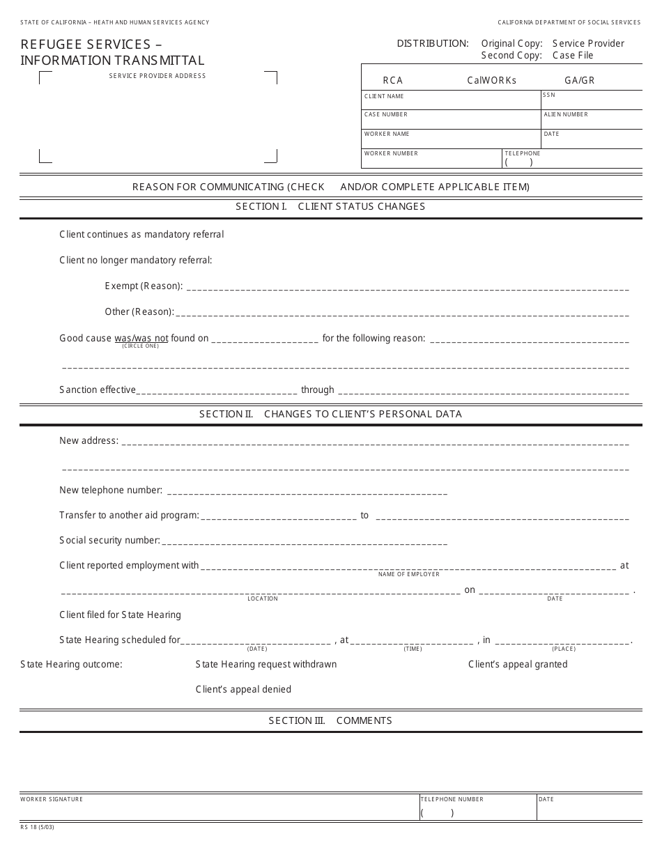 Form RS18 Refugee Services - Information Transmittal - California, Page 1