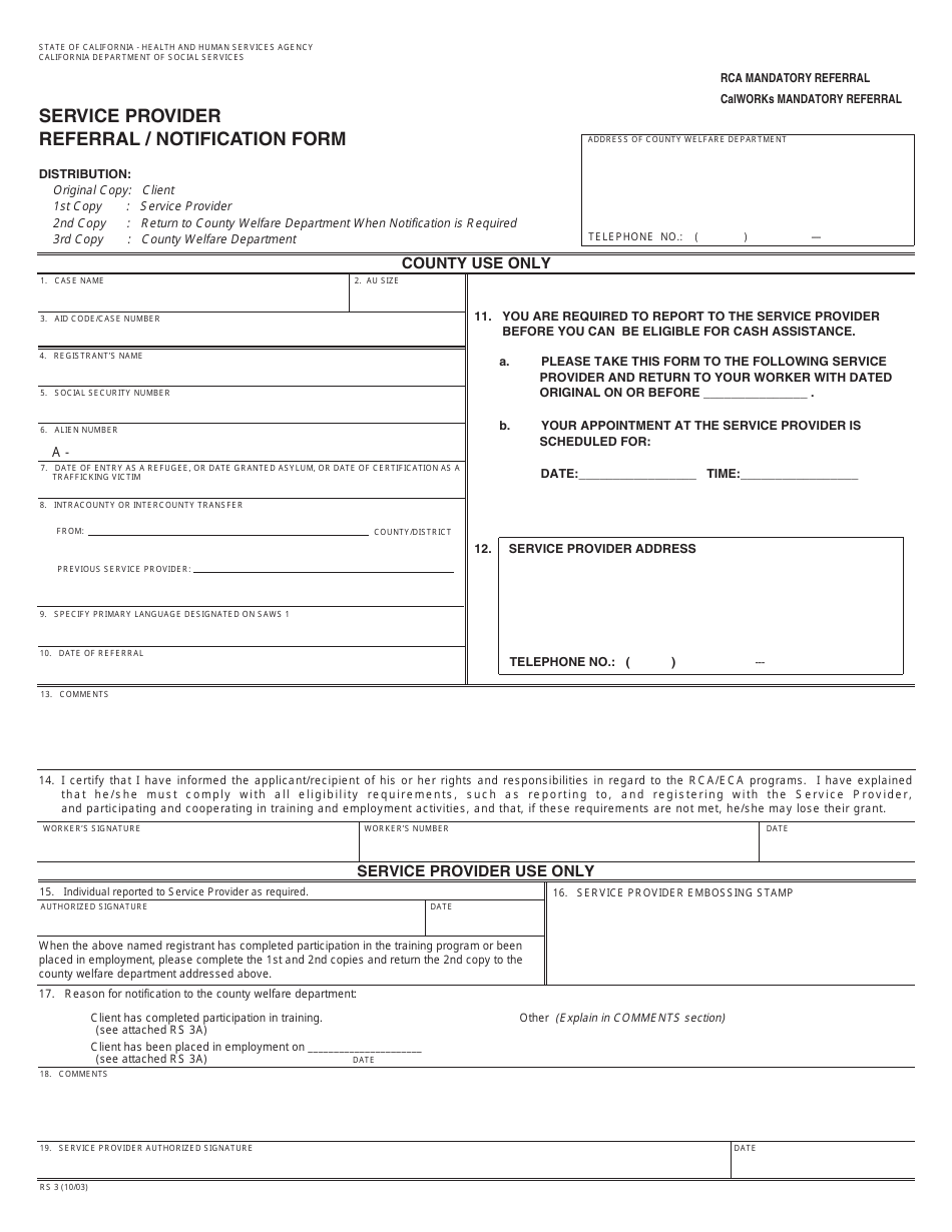 Form RS3 Service Provider Referral / Notification - California, Page 1