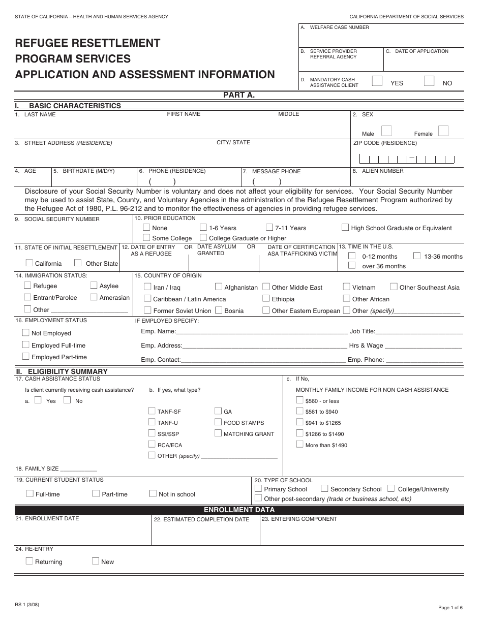 Form RS1 Refugee Resettlement Program Services Application and Assessment Information - California, Page 1
