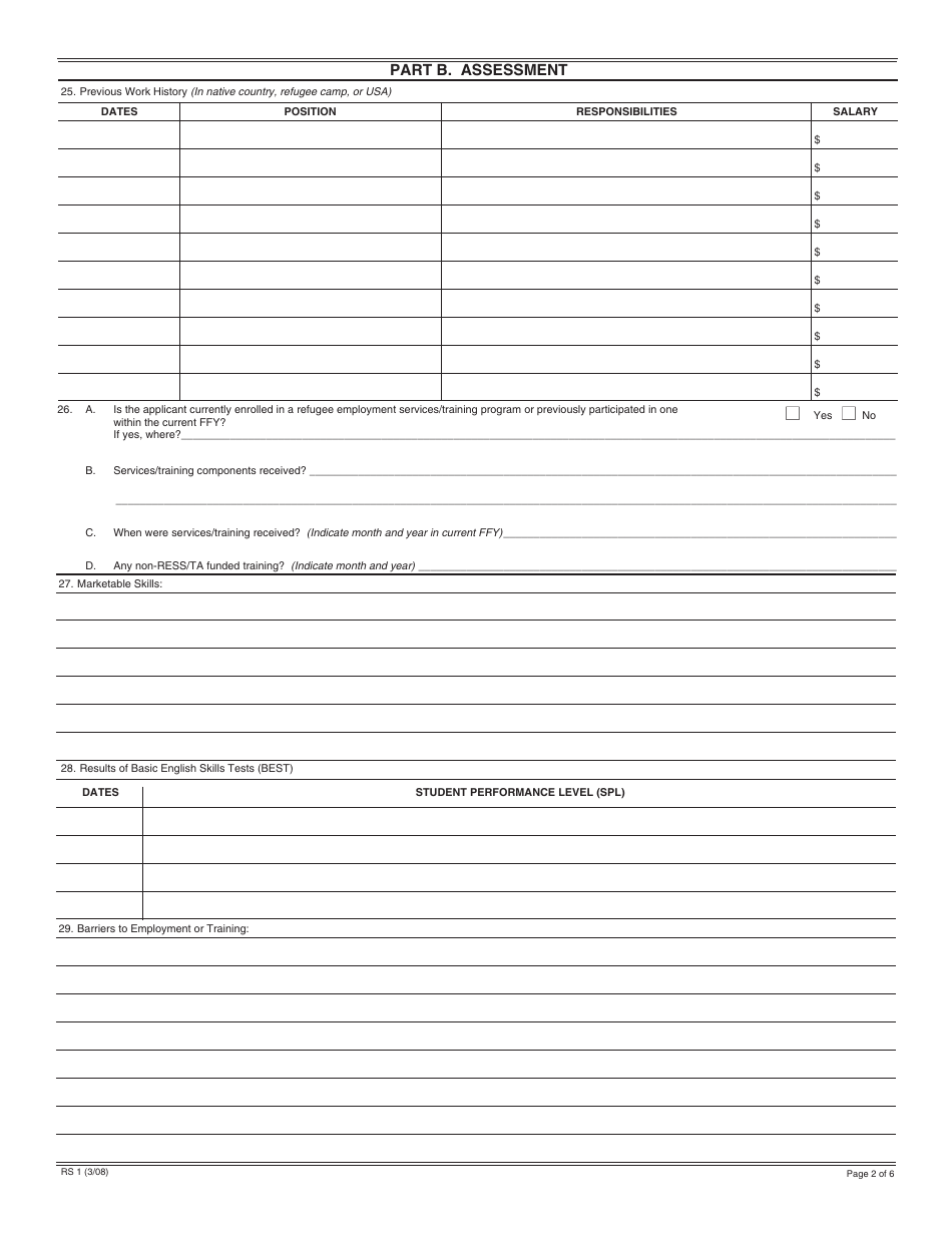 Form RS1 Refugee Resettlement Program Services Application and Assessment Information - California, Page 2