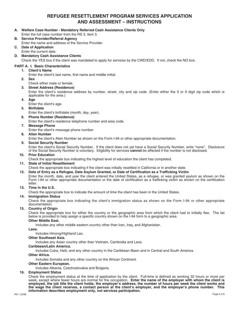 Form RS1 Refugee Resettlement Program Services Application and Assessment Information - California, Page 5
