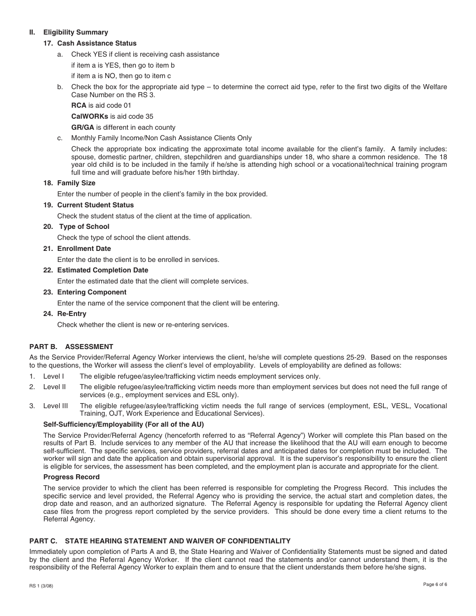 Form RS1 Refugee Resettlement Program Services Application and Assessment Information - California, Page 6