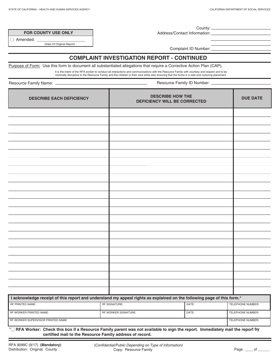 Form RFA9099C Compliant Investigation Report - Continued - California, Page 1