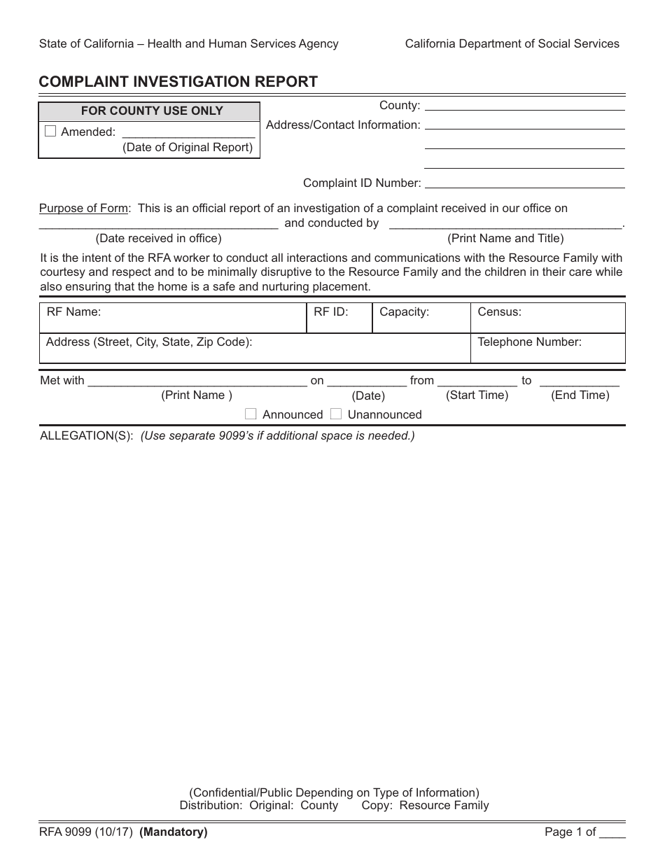 Form RFA9099 Complaint Investigation Report - California, Page 1
