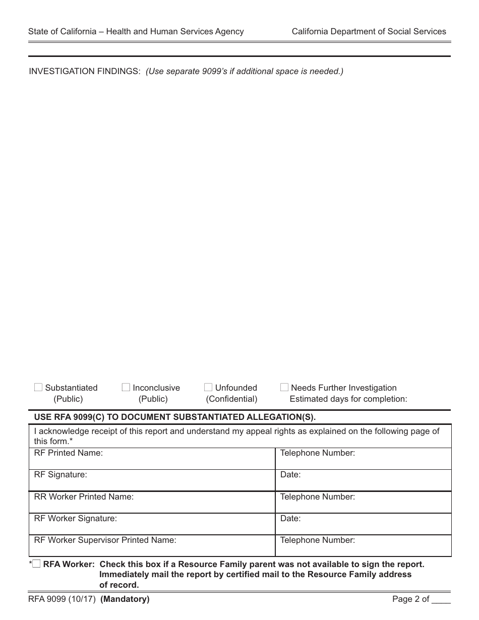 Form RFA9099 Complaint Investigation Report - California, Page 2