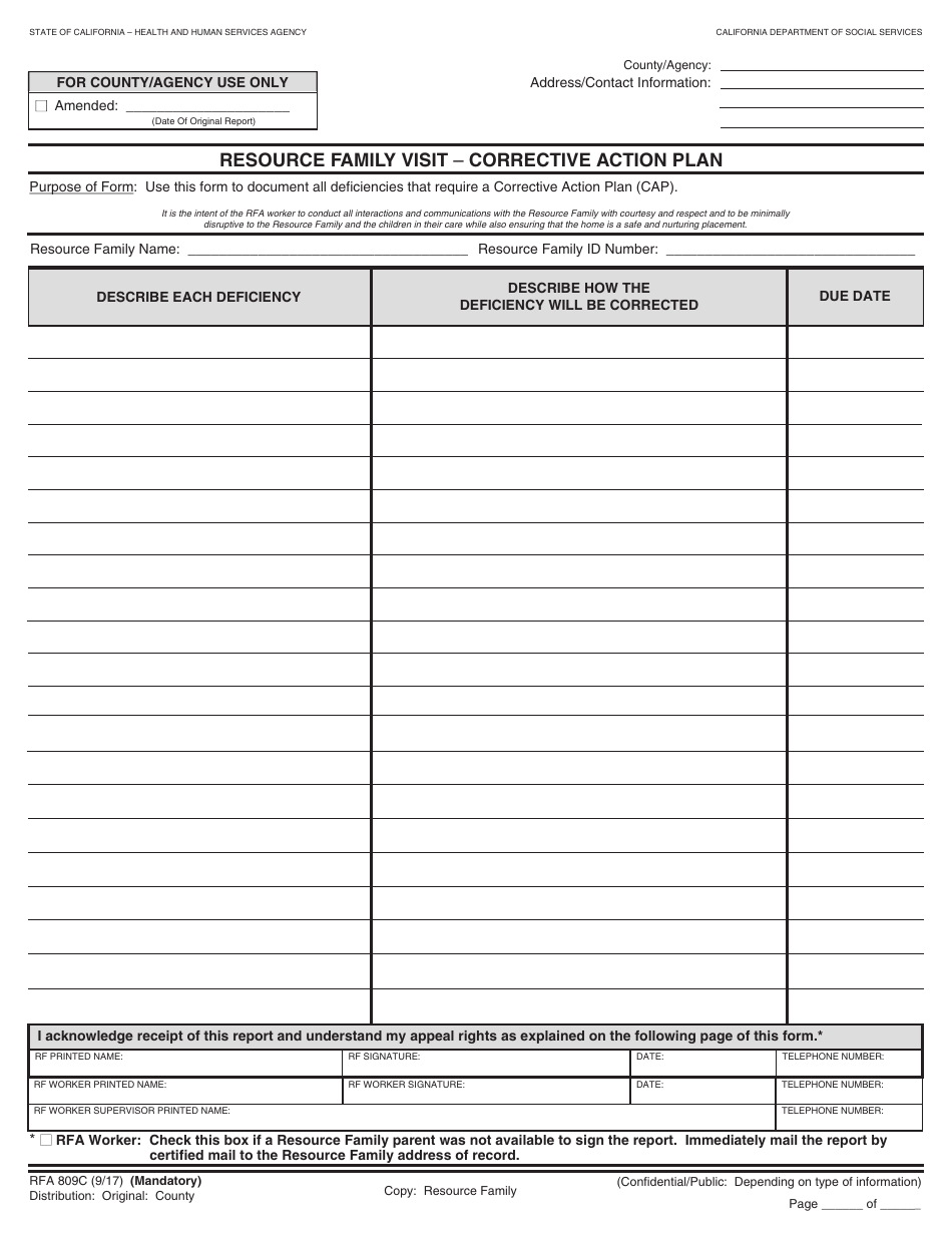 Form RFA809C Resource Family Visit - Corrective Action Plan - California, Page 1