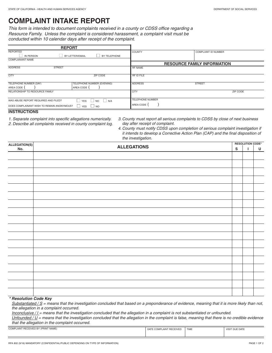 Form RFA802 Compliant Intake Report - California, Page 1