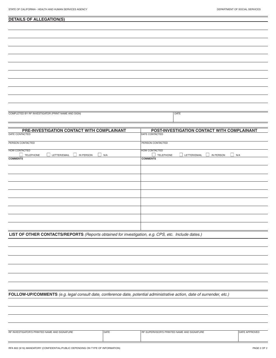 Form RFA802 Compliant Intake Report - California, Page 2