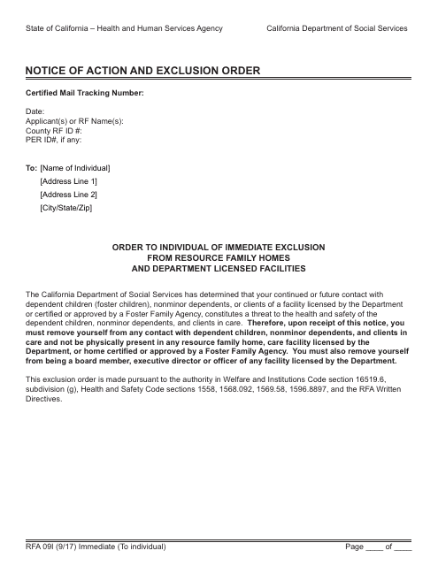 Form RFA09I Order to Individual of Immediate Exclusion From Resource Family Homes and Department Licensed Facilities - California