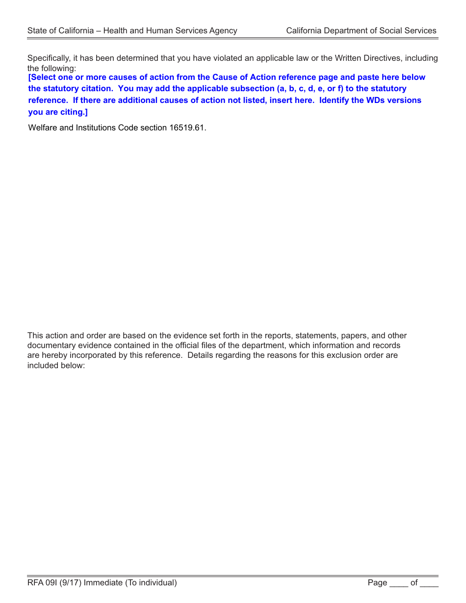 Form RFA09I Order to Individual of Immediate Exclusion From Resource Family Homes and Department Licensed Facilities - California, Page 2