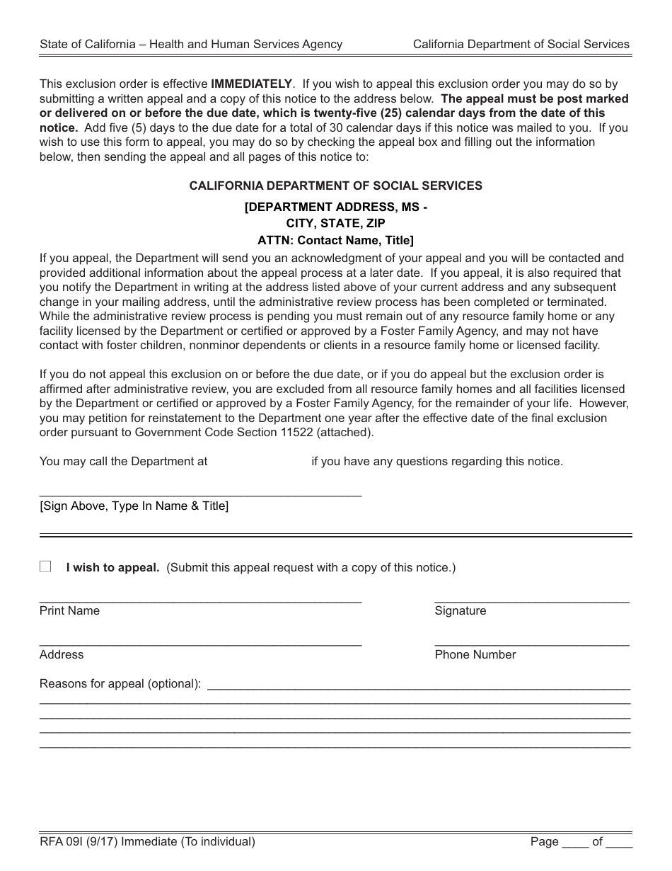 Form RFA09I Order to Individual of Immediate Exclusion From Resource Family Homes and Department Licensed Facilities - California, Page 3