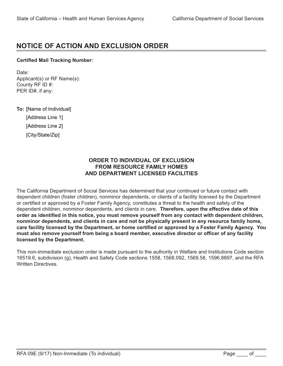 Form RFA09E Notice of Action and Exclusion Order - California, Page 1