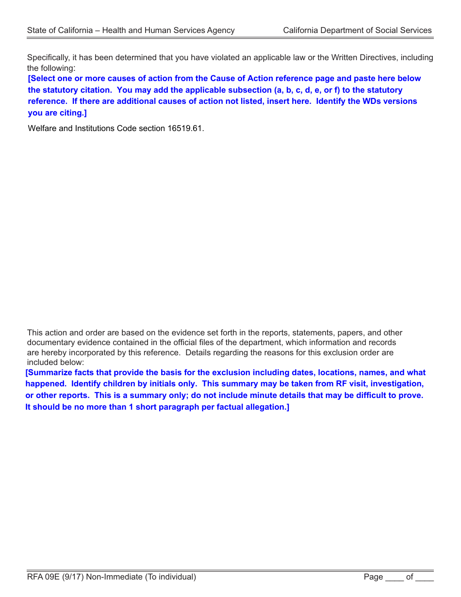 Form RFA09E Notice of Action and Exclusion Order - California, Page 2