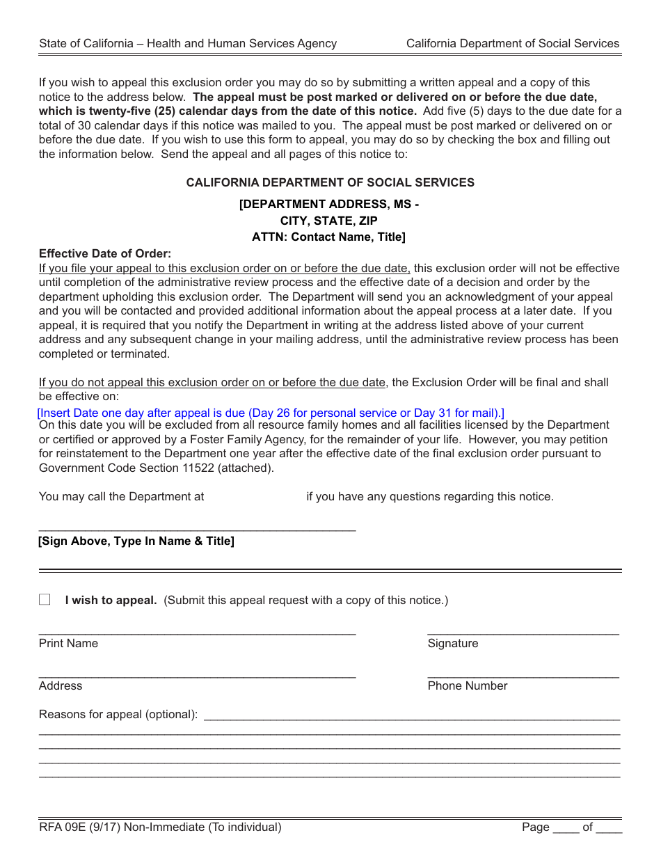 Form RFA09E Notice of Action and Exclusion Order - California, Page 3