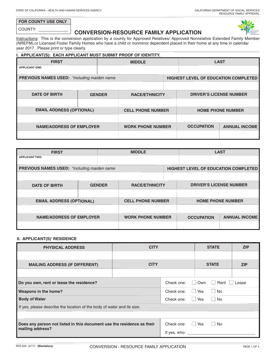 Form RFA00A Conversion - Resource Family Application - California, Page 1