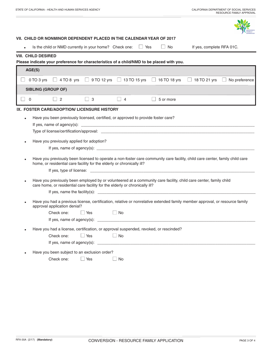 Form RFA00A Conversion - Resource Family Application - California, Page 3