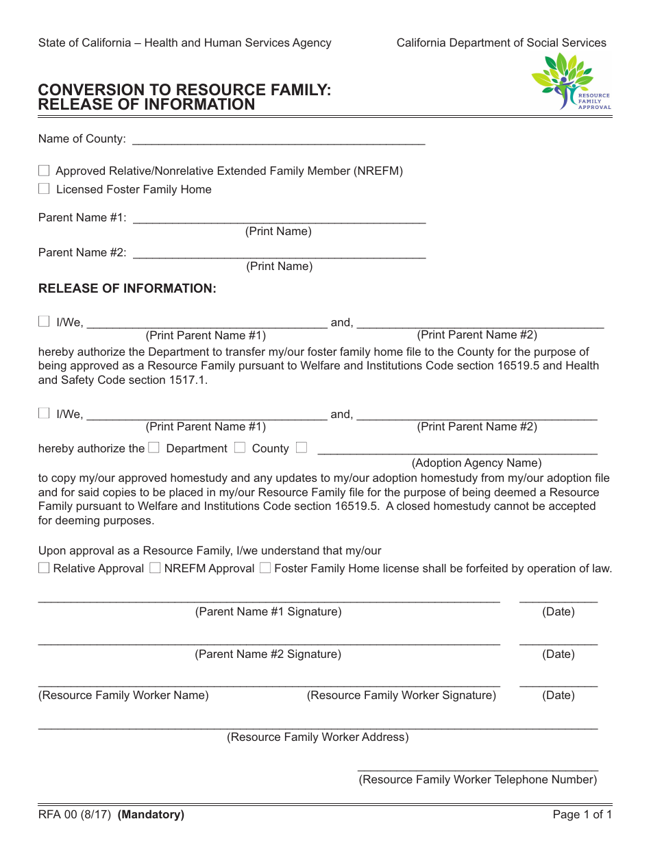 Form RFA00 Conversion to Resource Family: Release of Information - California, Page 1