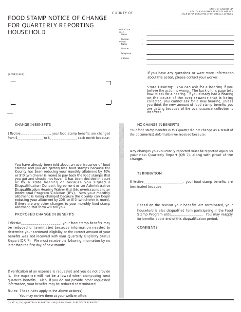 Form QR377.4 Food Stamp Notice of Change for Quarterly Reporting Household - California