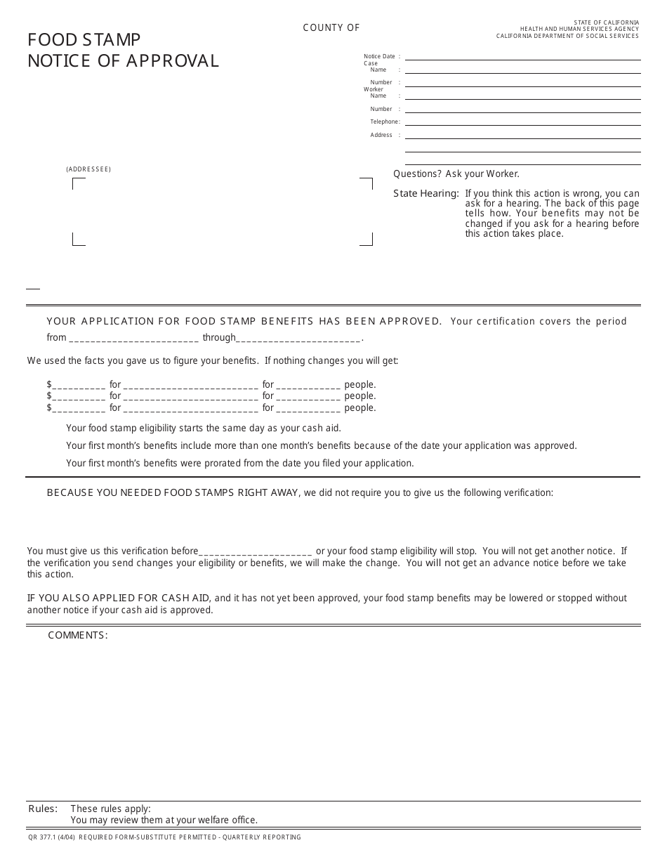 Form QR377.1 Food Stamp Notice of Approval - California, Page 1