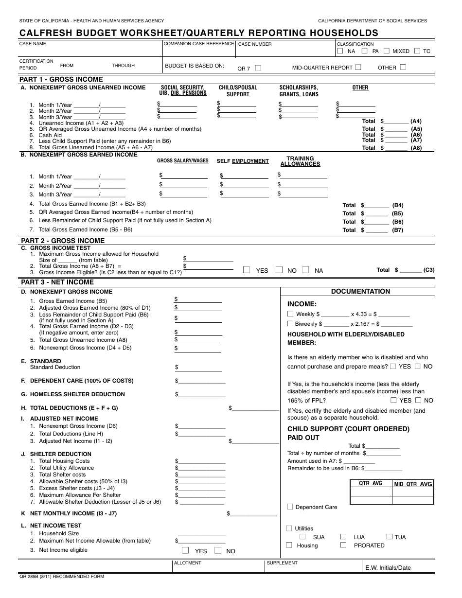 Form QR285B CalFresh Budget Worksheet / Quarterly Reporting Households - California, Page 1