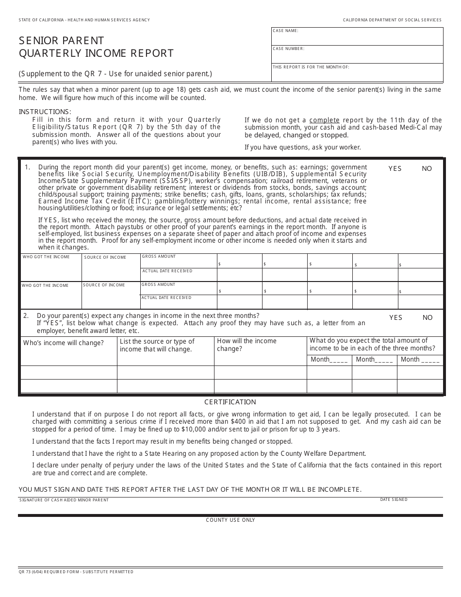 Form QR73 Senior Parent Quarterly Income Report - California, Page 1