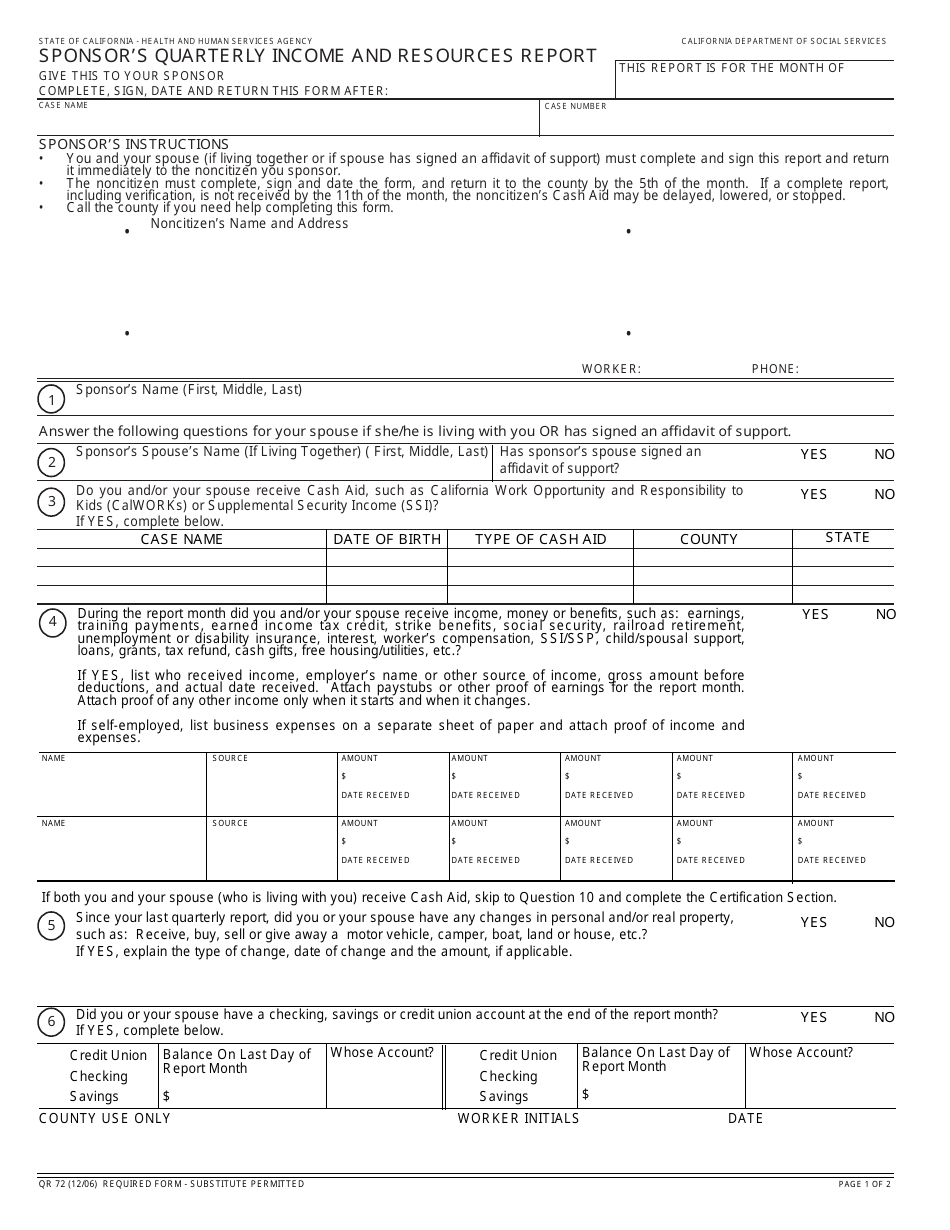 Form QR72 - Fill Out, Sign Online and Download Fillable PDF, California ...