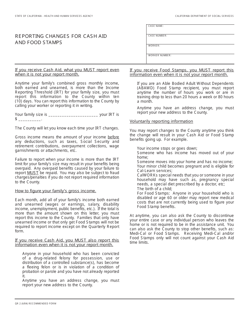Form QR2 Reporting Changes for Cash Aid and Food Stamps - California, Page 1