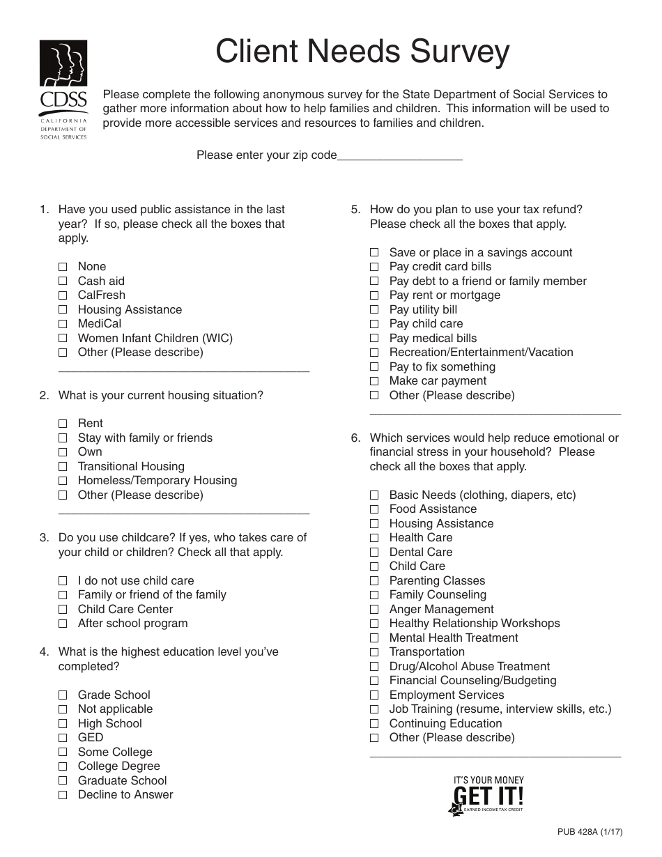 Form PUB428A Client Needs Survey - California, Page 1