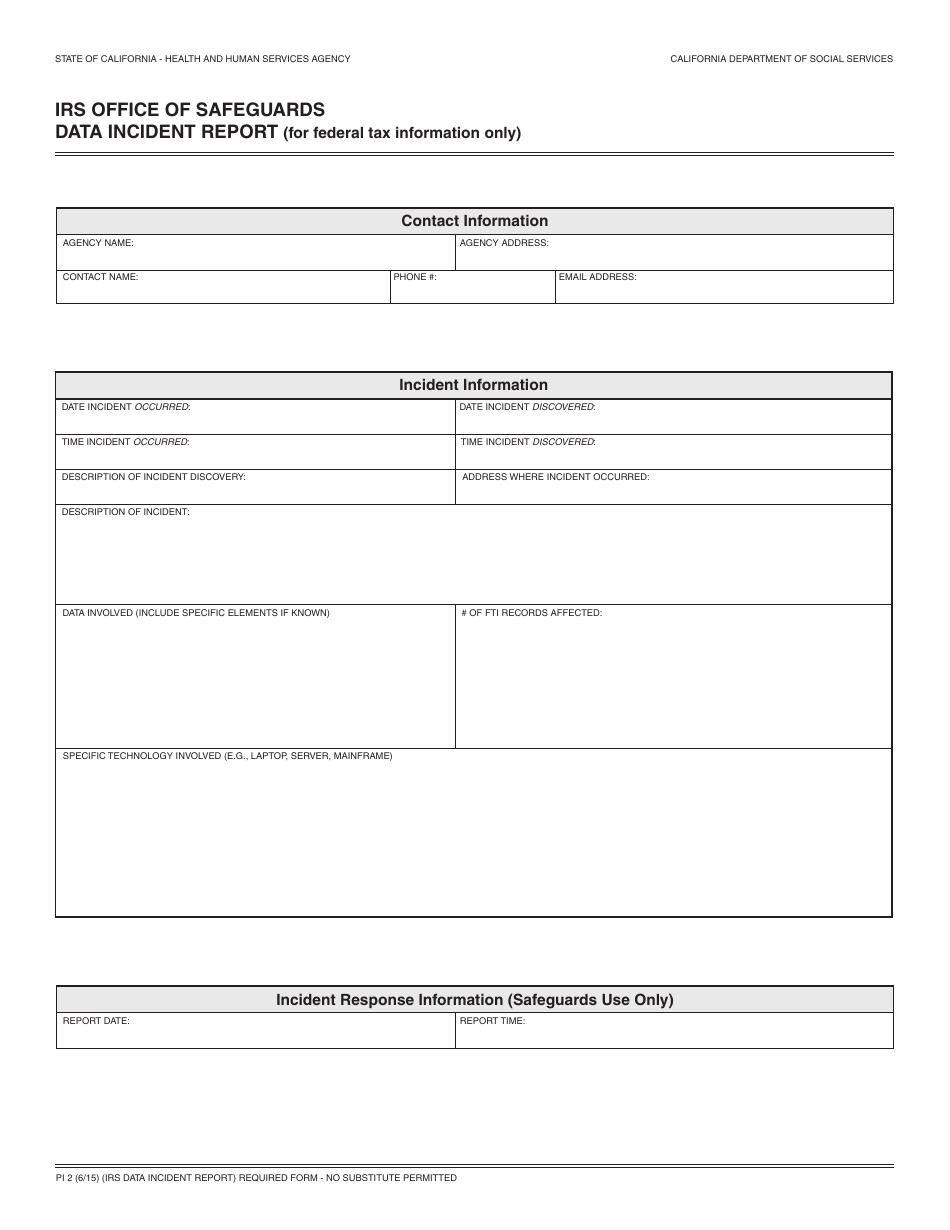 Form PI2 IRS Office of Safeguards Data Incident Report - California, Page 1