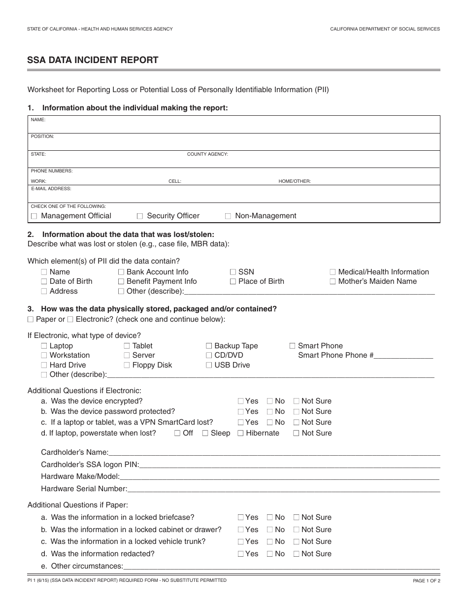 Form PI1 Ssa Data Incident Report - California, Page 1