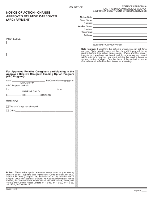 Form NA1281 Notice of Action - Change Approved Relative Caregiver (ARC) Payment - California