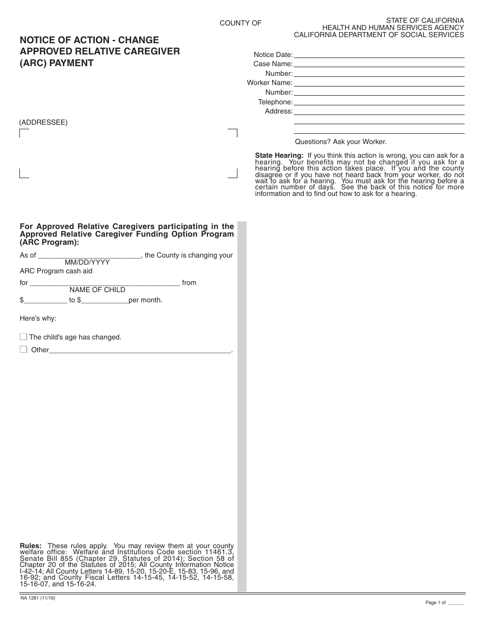 Form NA1281 Notice of Action - Change Approved Relative Caregiver (ARC) Payment - California, Page 1