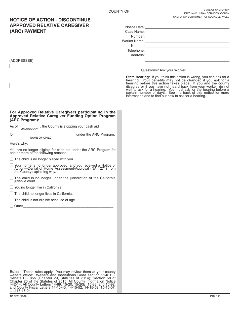 Form NA1280 Notice of Action - Discontinue Approved Relative Caregiver (ARC) Payment - California, Page 1