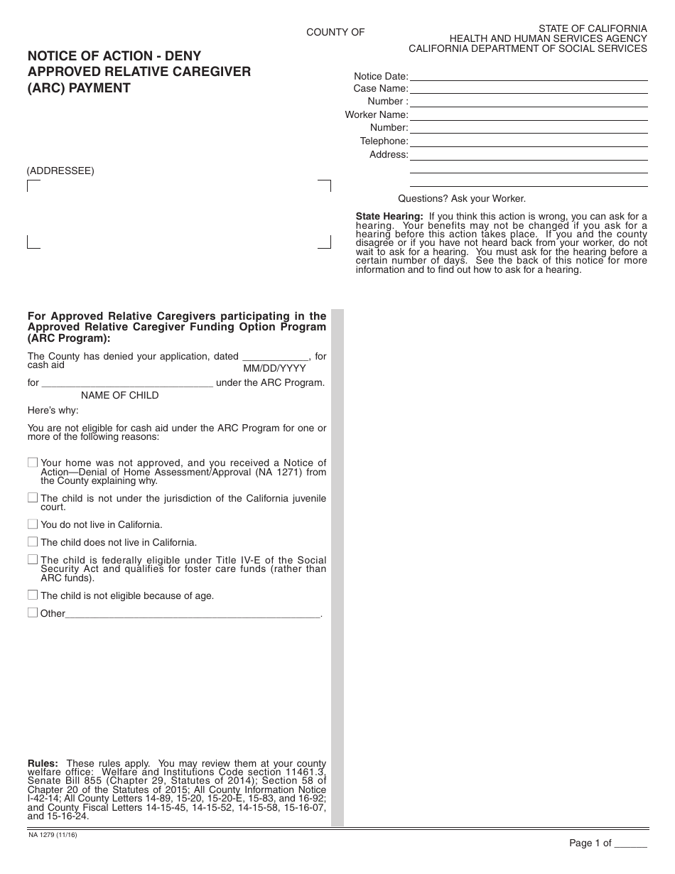 Form NA1279 Notice of Action - Deny Approved Relative Caregiver (ARC) Payment - California, Page 1