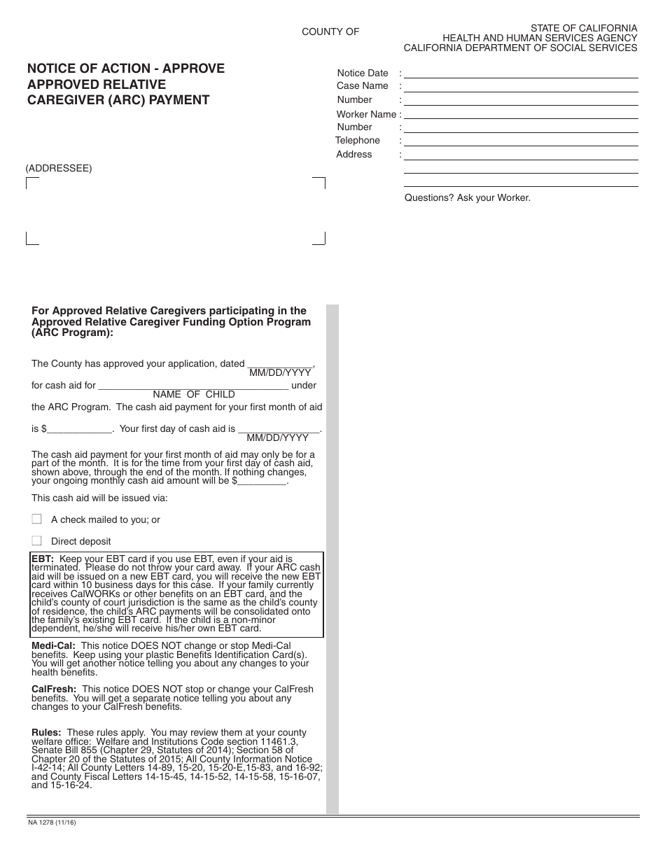 Form NA1278 Notice of Action - Approve Approved Relative Caregiver (ARC) Payment - California, Page 1