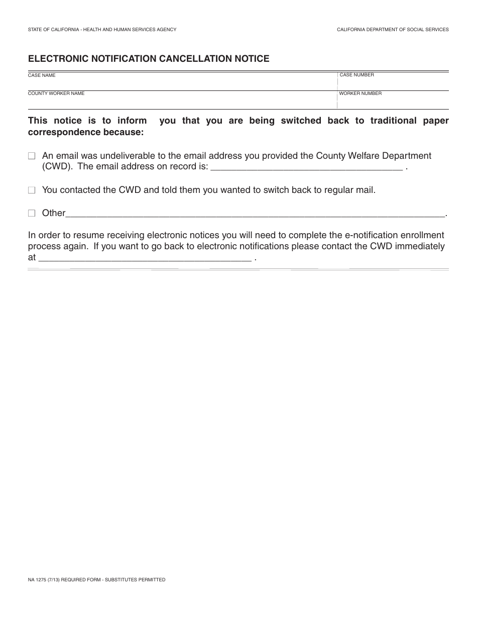 Form NA1275 Electronic Notification Cancellation Notice - California, Page 1