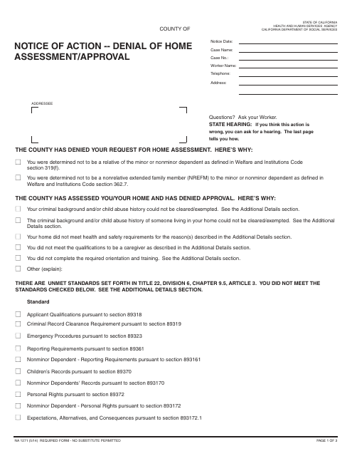 Form NA1271 Notice of Action - Denial of Home Assessment/Approval - California