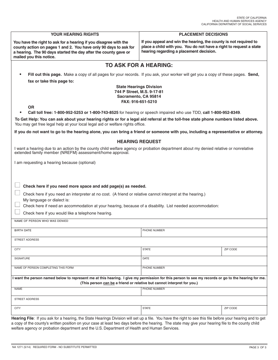 Form NA1271 Notice of Action - Denial of Home Assessment / Approval - California, Page 3