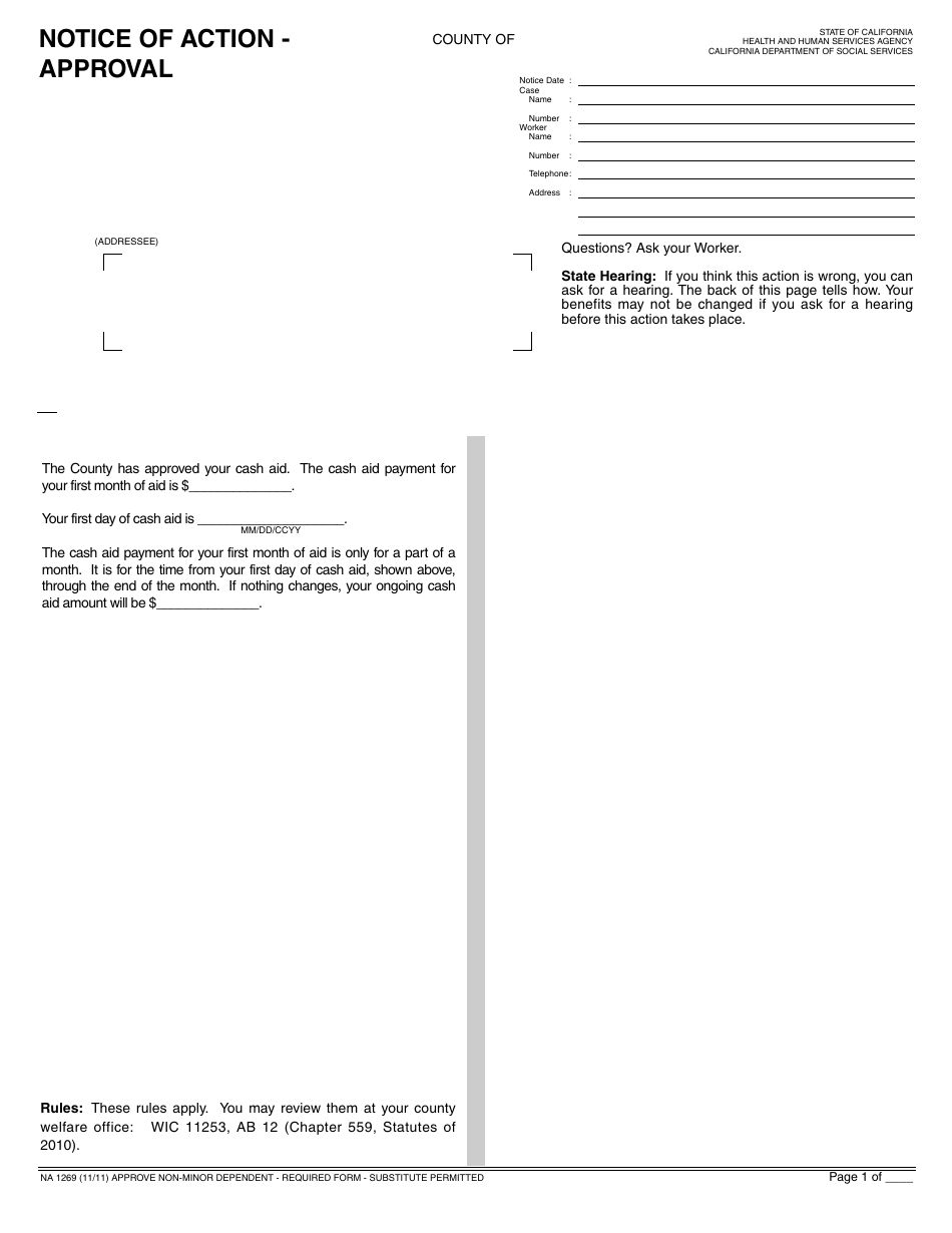 Form NA1269 Notice of Action - Approval - California, Page 1