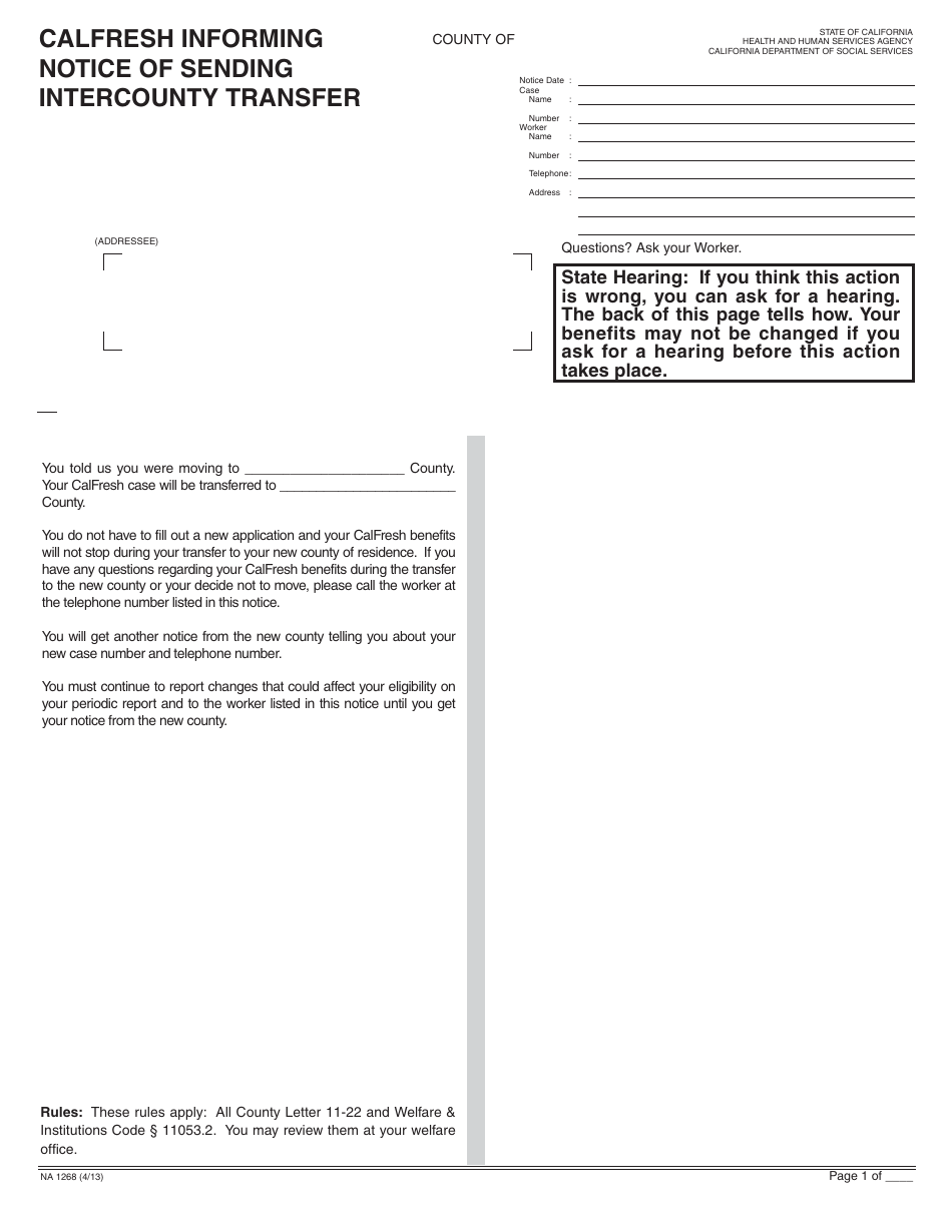 Form NA1268 CalFresh Informing Notice of Sending Intercounty Transfer - California, Page 1