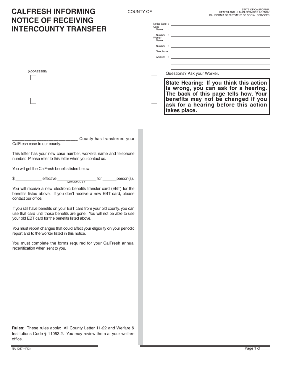 Form NA1267 CalFresh Informing Notice of Receiving Intercounty Transfer - California, Page 1