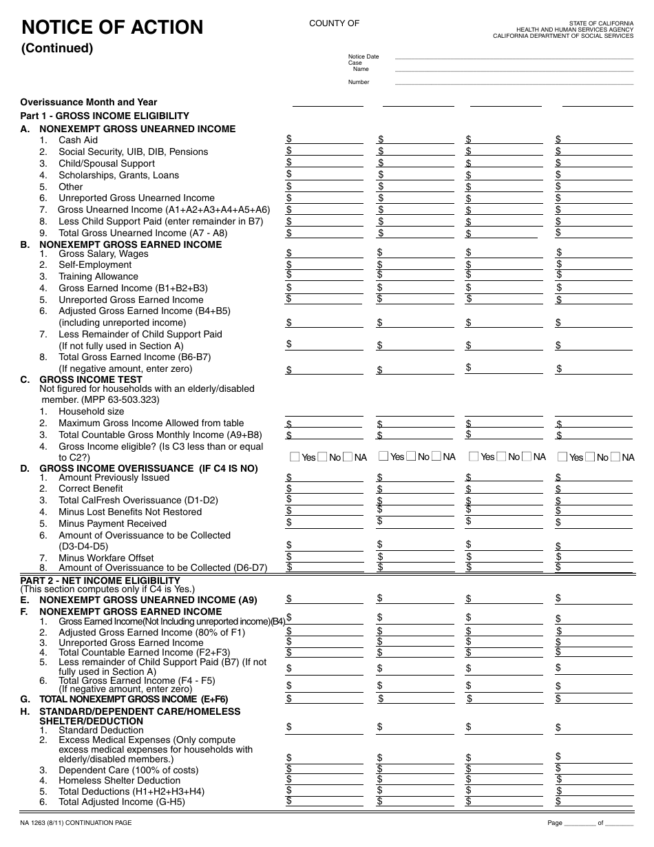 Form NA1263 Notice of Action - Overissuance Budget Worksheet - California, Page 1