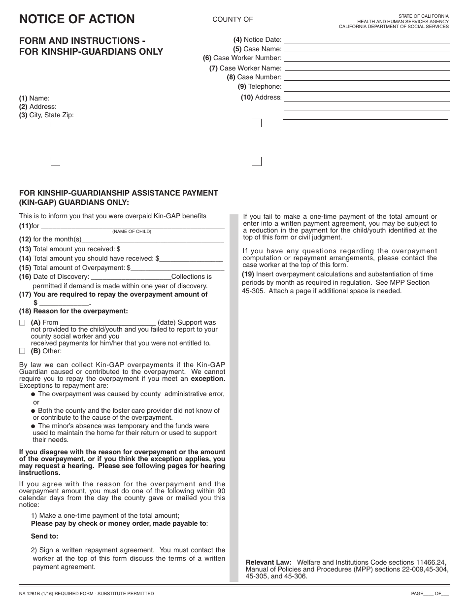 Form NA1261B Notice of Action for Kinship-Guardians Only - California, Page 1