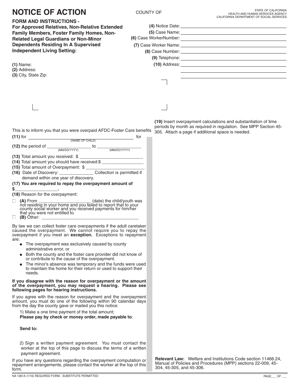 Form NA1261A Notice of Action for Approved Relatives, Non-relative Extended Family Members, Foster Family Homes, Non-related Legal Guardians or Non-minor Dependents Residing in a Supervised Independent Living Setting - California, Page 1