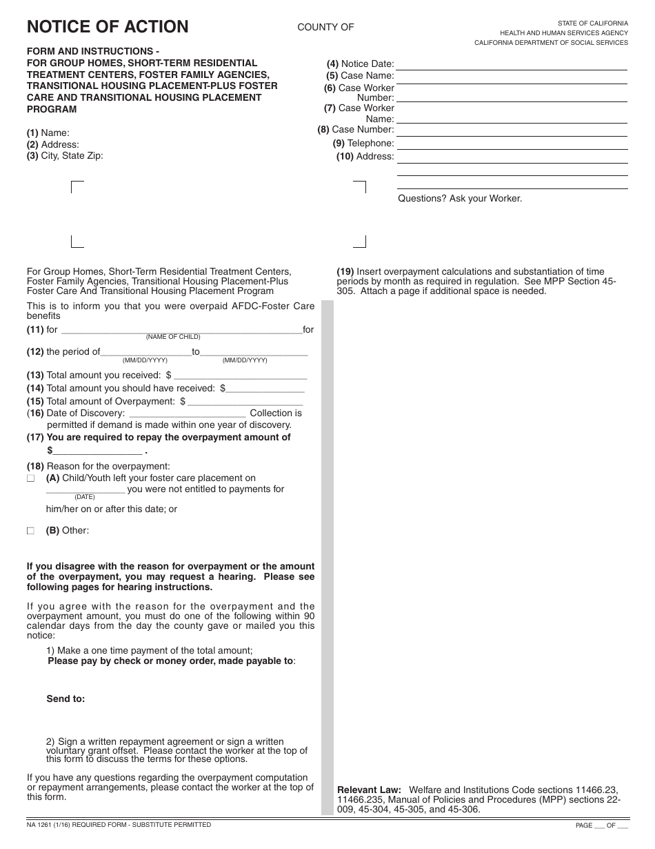 Form NA1261 Notice of Action for Group Homes, Short-Term Residential Treatment Centers, Foster Family Agencies, Transitional Housing Placement-Plus Foster Care and Transitional Housing Placement Program - California, Page 1