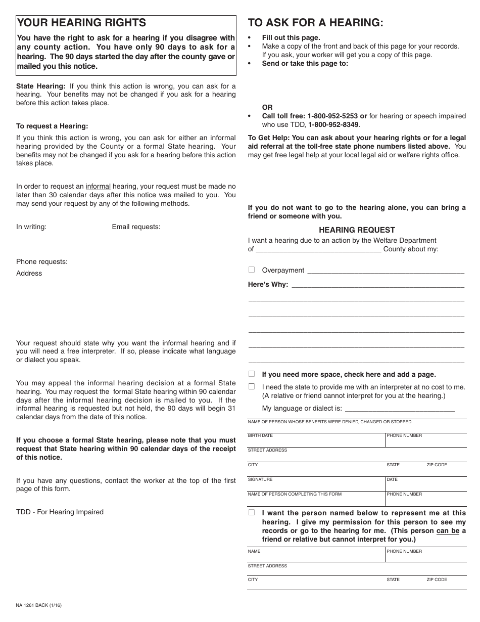 Form NA1261 Notice of Action for Group Homes, Short-Term Residential Treatment Centers, Foster Family Agencies, Transitional Housing Placement-Plus Foster Care and Transitional Housing Placement Program - California, Page 2