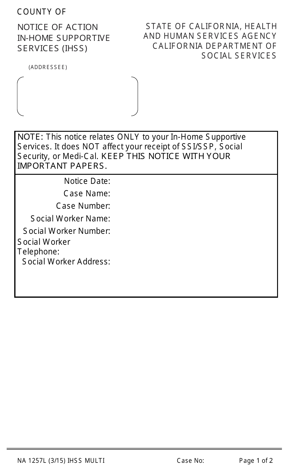 Form NA1257L Notice of Action - in-Home Supportive Services (Ihss) - California, Page 1