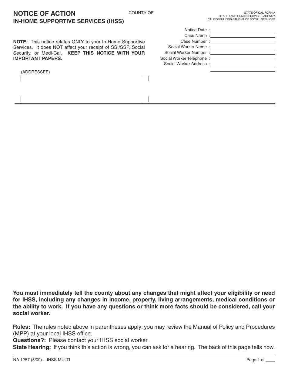 Form NA1257 Notice of Action in-Home Supportive Services (Ihss) Multi - California, Page 1