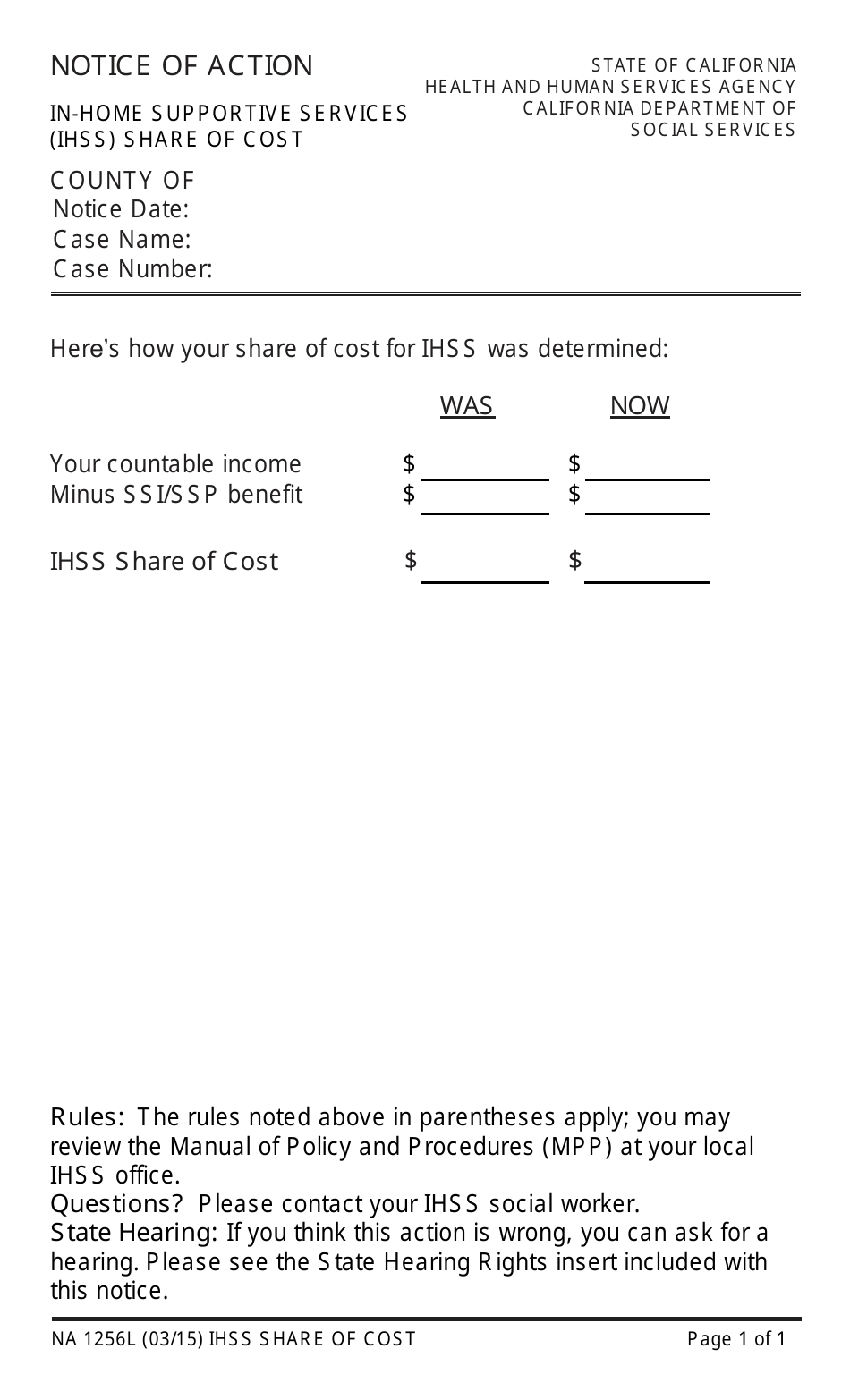 Form NA1256L Notice of Action in-Home Supportive Services (Ihss) Share of Cost - California, Page 1